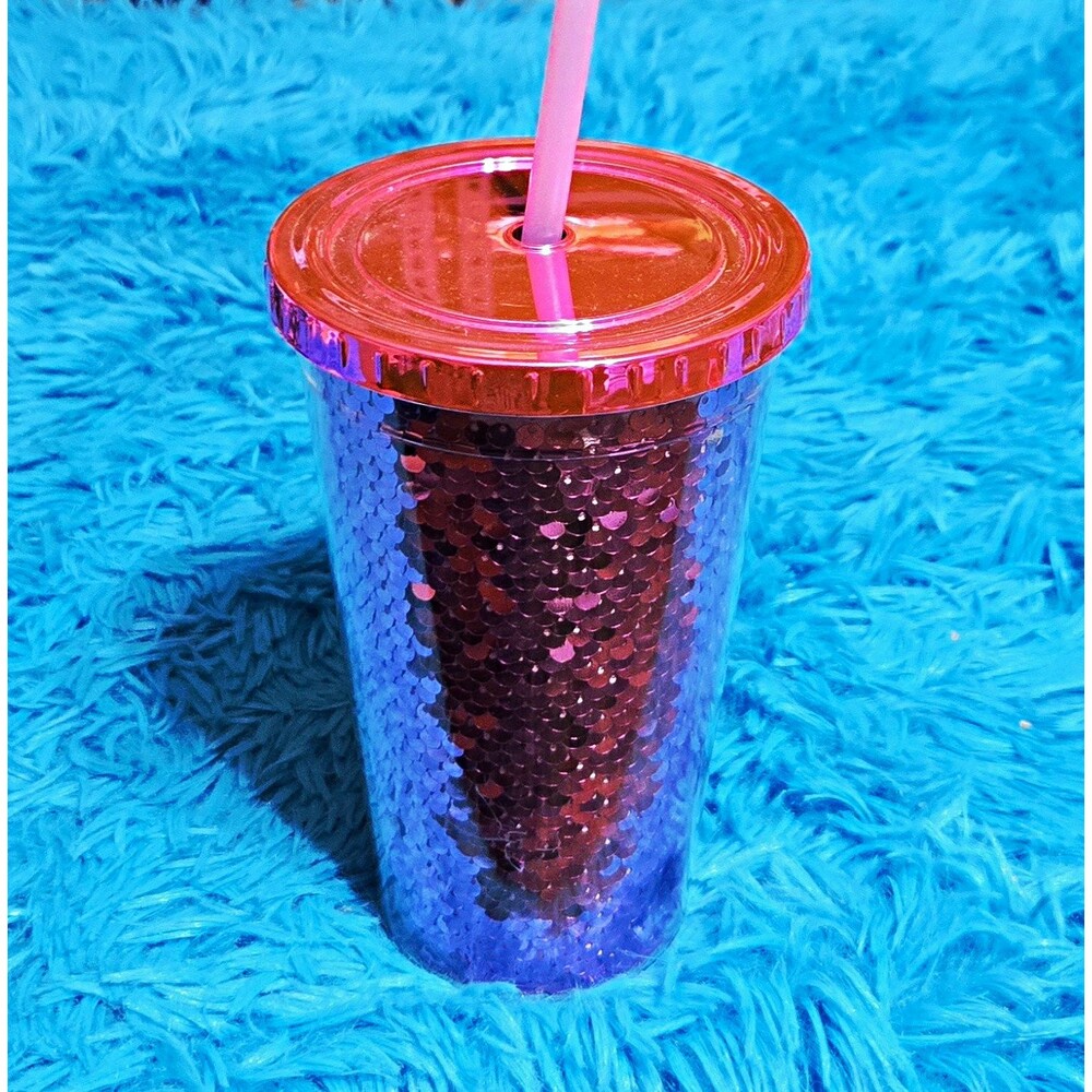 True Living Pink Sequin Plastic Tumbler 18oz with Lid and Straw